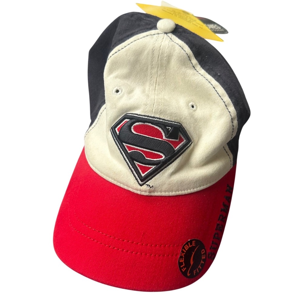 Bio-Domes Superman Logo Blue Red White Flexible Fitted Baseball Cap Hat NWT